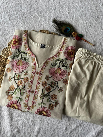 Party Wear Khadi Cotton Thread Embroidered Ready to Wear Kurta Set