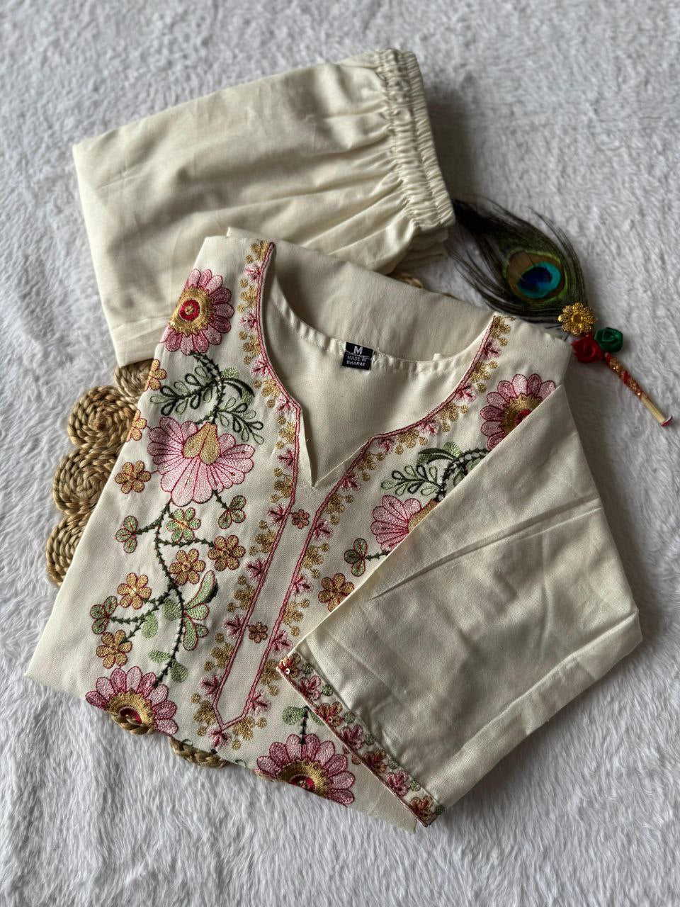 Party Wear Khadi Cotton Thread Embroidered Ready to Wear Kurta Set