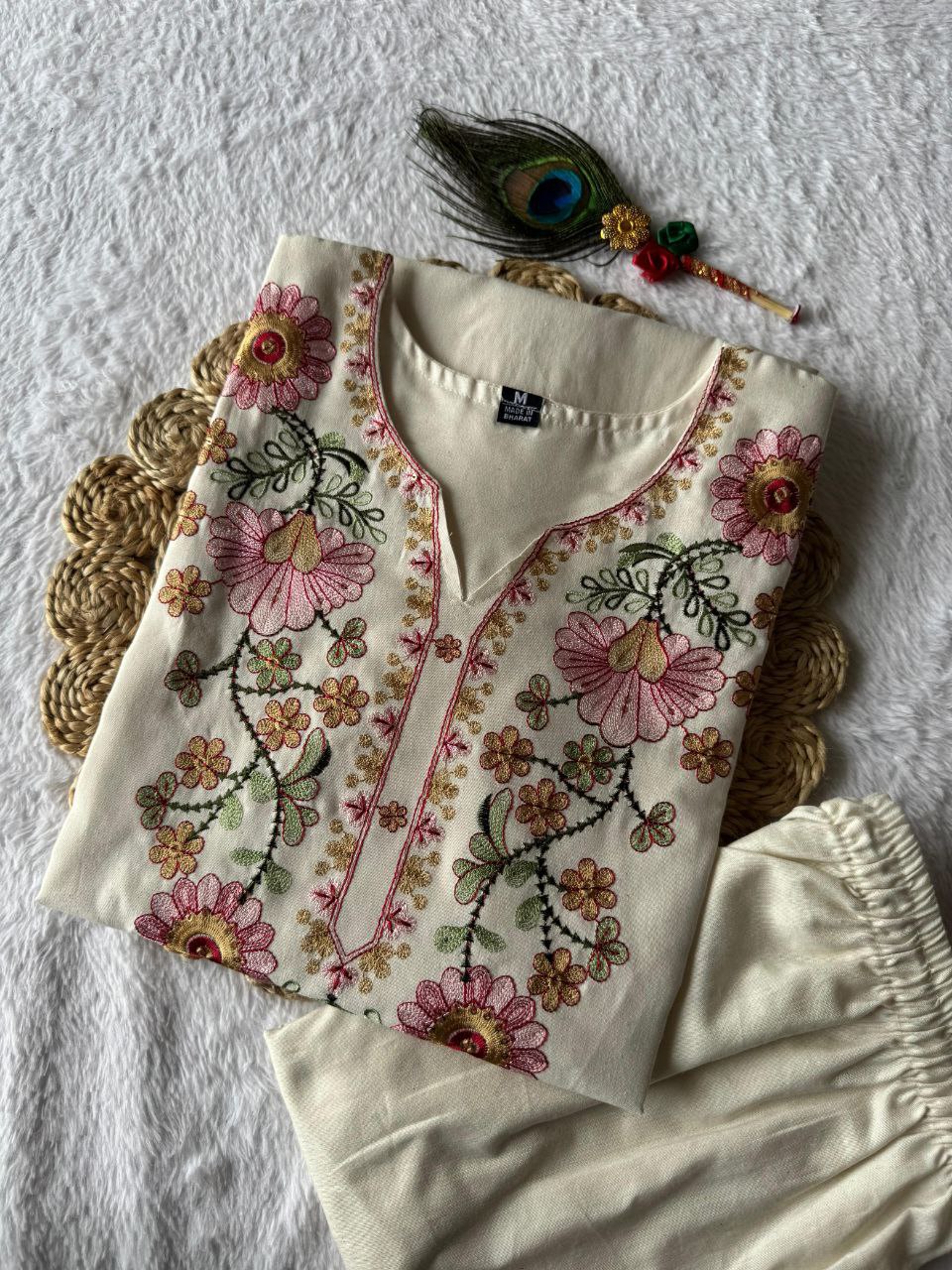 Party Wear Khadi Cotton Thread Embroidered Ready to Wear Kurta Set