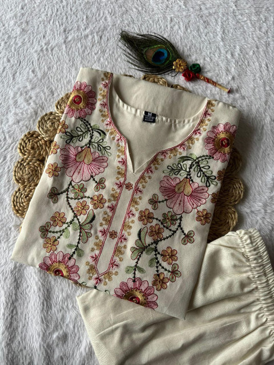 Party Wear Khadi Cotton Thread Embroidered Ready to Wear Kurta Set