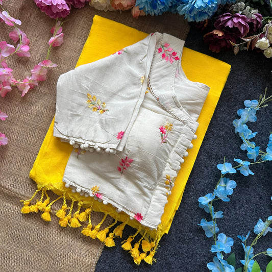Yellow Pure Khadi Cotton Saree With Fully Stiched Work Blouse