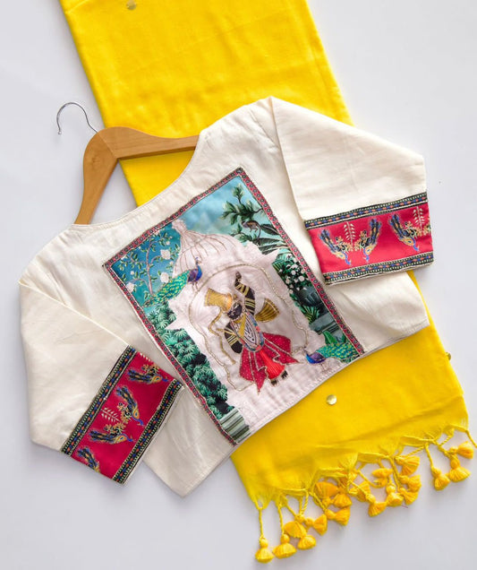 Yellow Pure Cotton Saree Wid Stiched Ranchodrai HandWork Designer Blouse