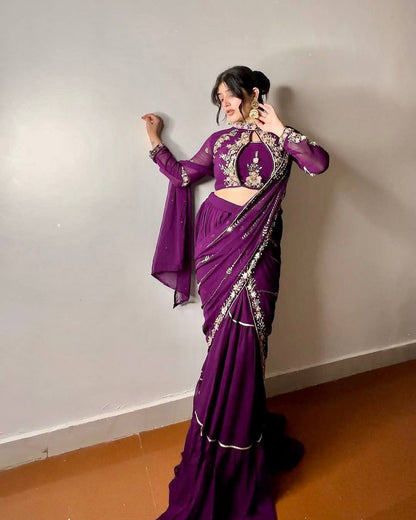 Red Georgette Stitched Lehenga Saree - 4 Color Option