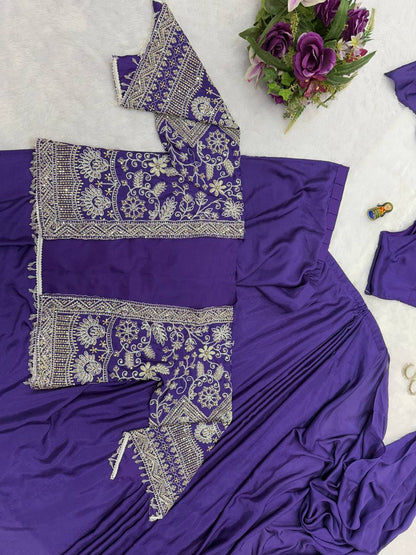Purple Color Ready to Wear Chion Silk Saree Blouse