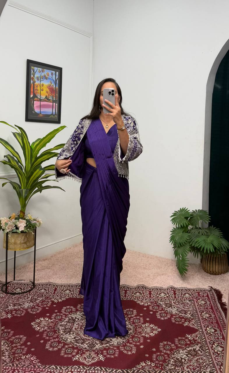 Purple Color Ready to Wear Chion Silk Saree Blouse