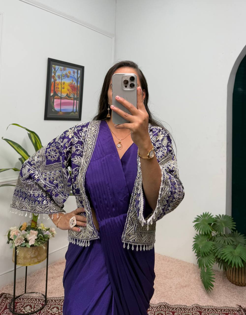 Purple Color Ready to Wear Chion Silk Saree Blouse