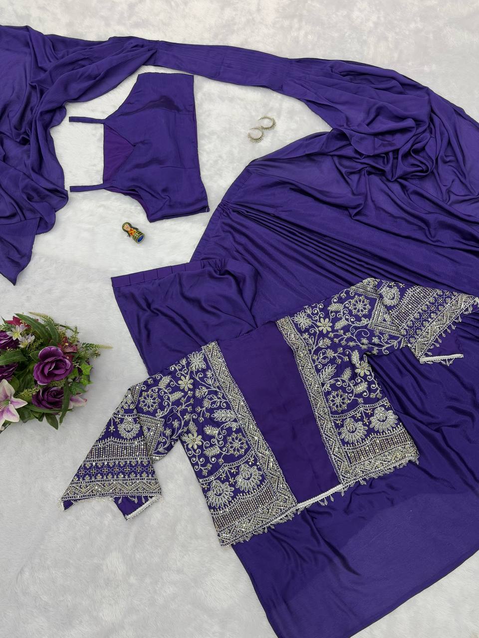 Purple Color Ready to Wear Chion Silk Saree Blouse