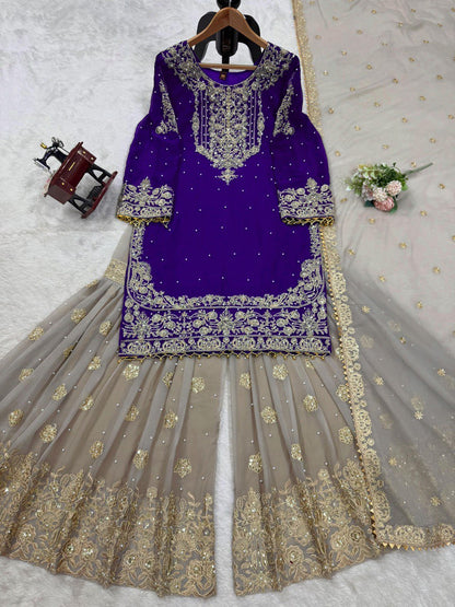 Purple Color Georgette Full Stiched Sharara Suit