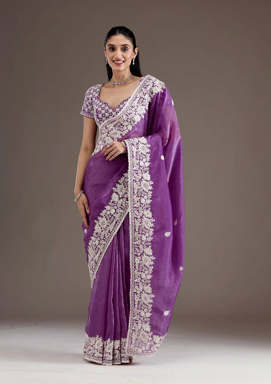 Purple Color Silk Embroidered Saree Blouse