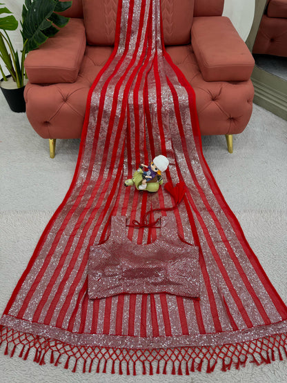Party wear georgette Red color Sequence Work Saree