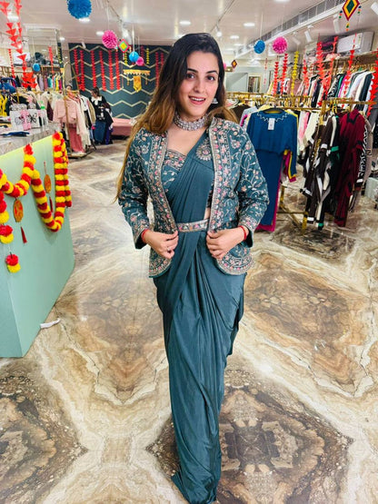 1 Min Ready to Wear Drape Saree With Fully Stitched Koti and Blouse XL