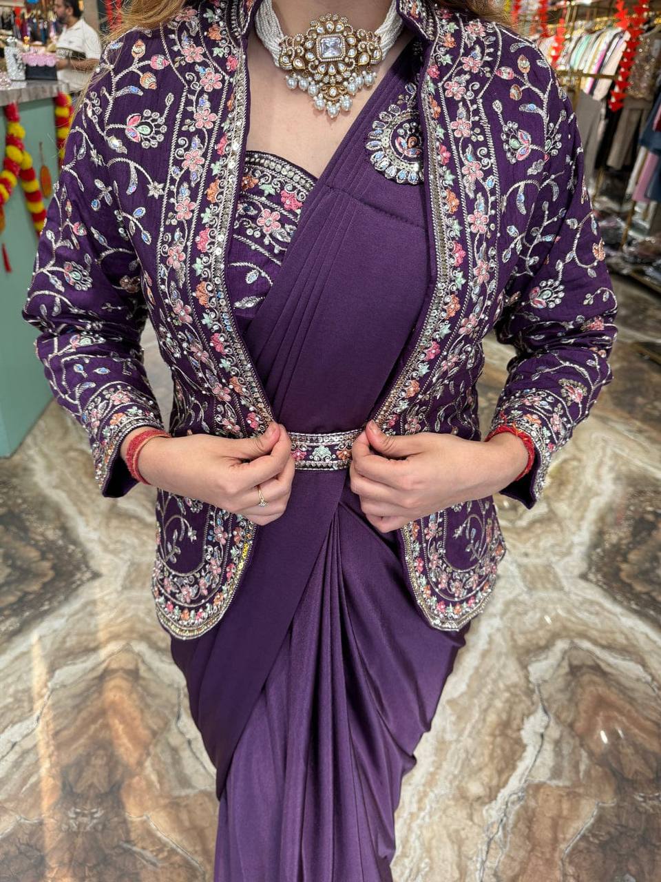 1 Min Ready to Wear Drape Saree With Fully Stitched Koti and Blouse XL