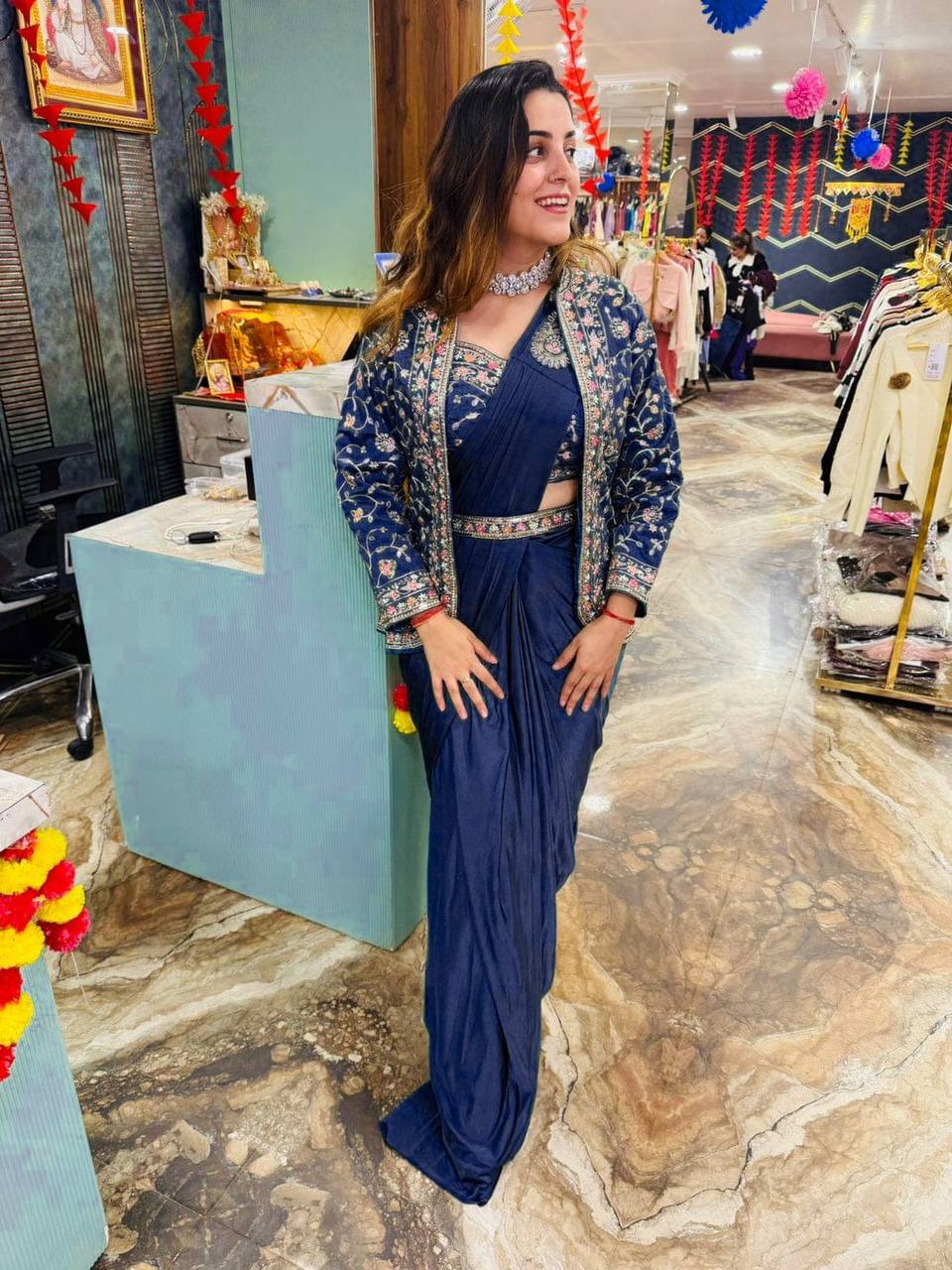 1 Min Ready to Wear Drape Saree With Fully Stitched Koti and Blouse XL