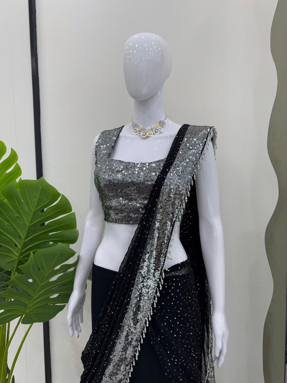 Black Color Georgette Silve Sequence Ready to Wear Saree