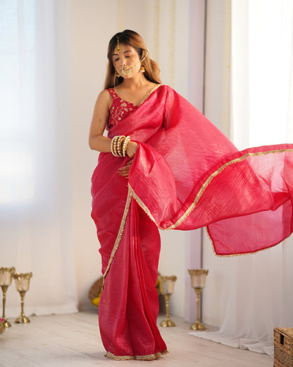 Rani Pink Gold Crush Silk Fully Stiched Ready to Wear Saree