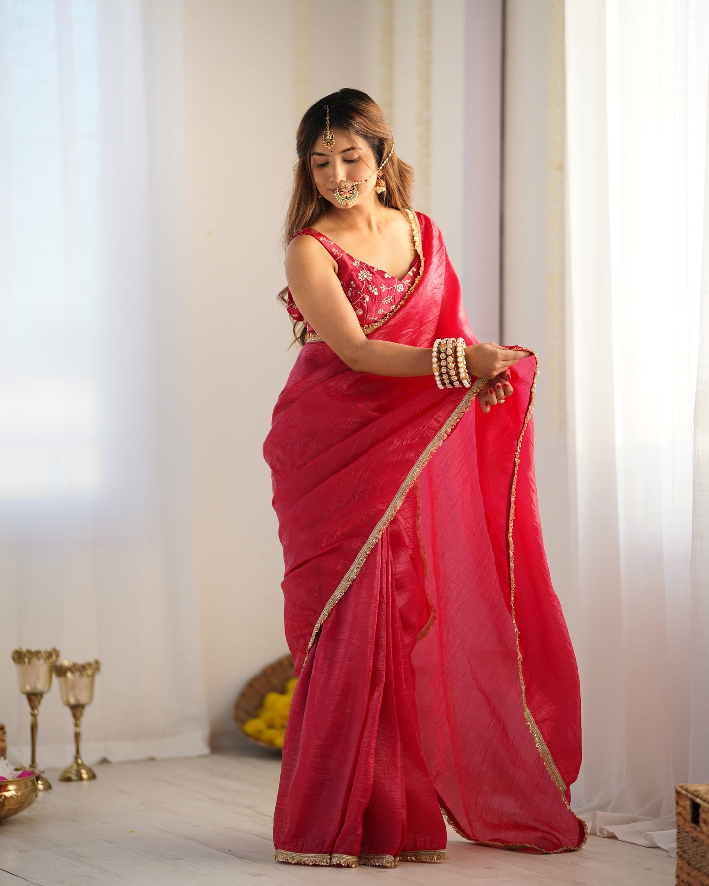 Rani Pink Gold Crush Silk Fully Stiched Ready to Wear Saree