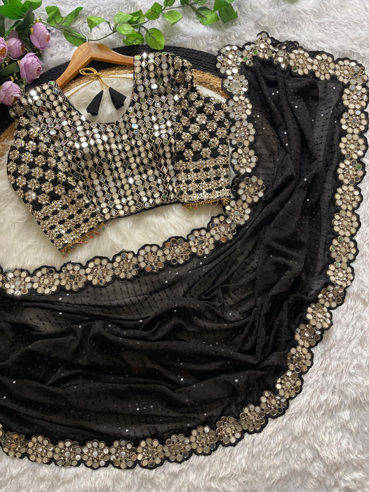 Black Pure Georgette Real Mirror Embroidered Work Saree