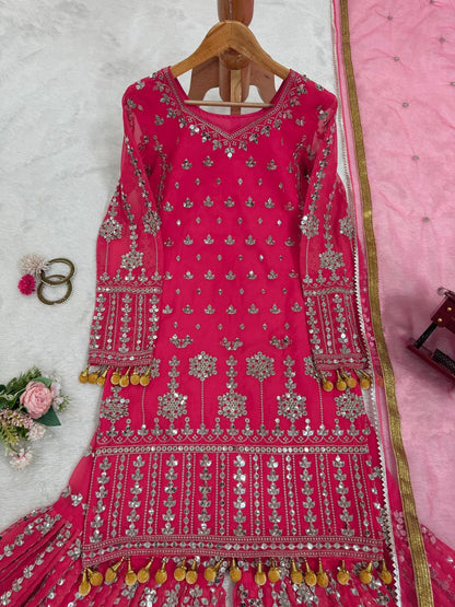 Pink Georgette Embroidered Sharara Suit