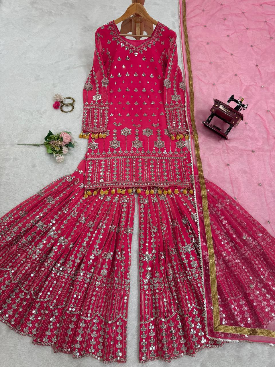 Pink Georgette Embroidered Sharara Suit