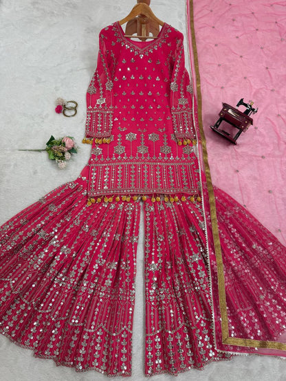 Pink Georgette Embroidered Sharara Suit