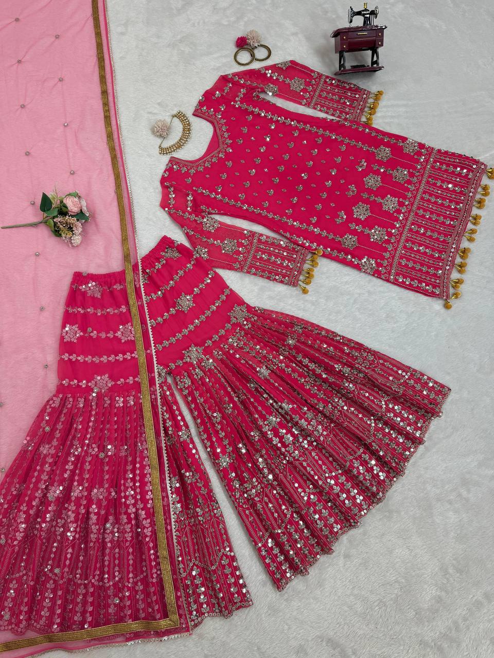 Pink Georgette Embroidered Sharara Suit