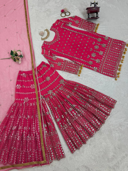 Pink Georgette Embroidered Sharara Suit