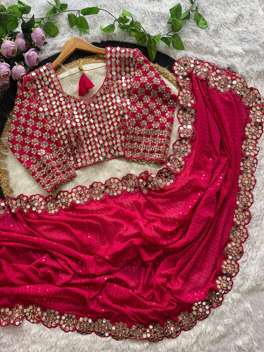 Real Mirror Work Georgette Saree with Stitched Blouse