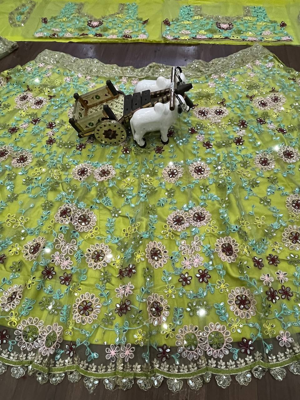 Green Color Soft Net Real Mirror Work Mehndi Wear Lehenga
