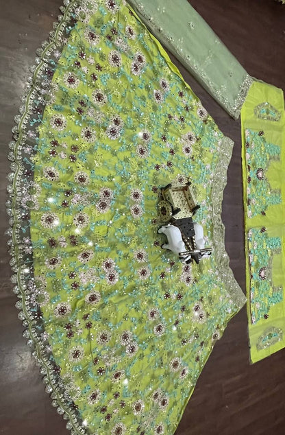 Green Color Soft Net Real Mirror Work Mehndi Wear Lehenga