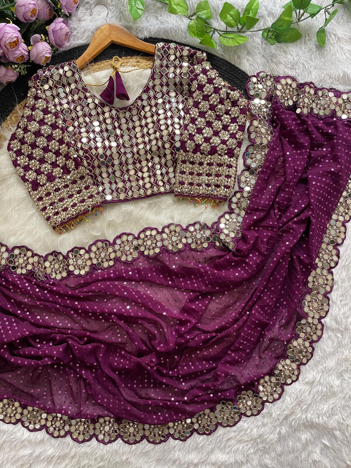 Real Glass Mirror Work Georgette Saree With Stitched Blouse