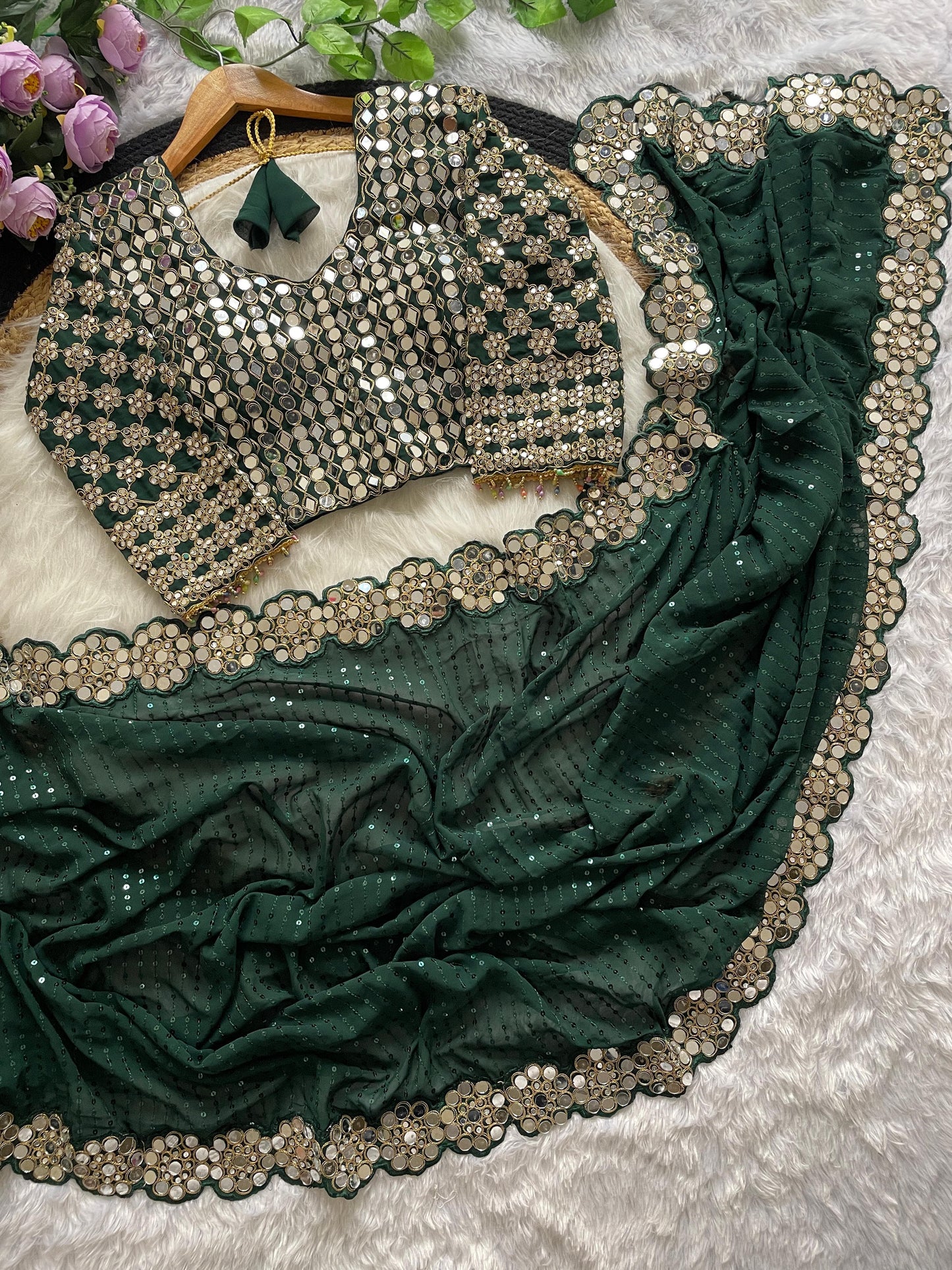 Real Glass Mirror Work Georgette Saree With Stitched Blouse