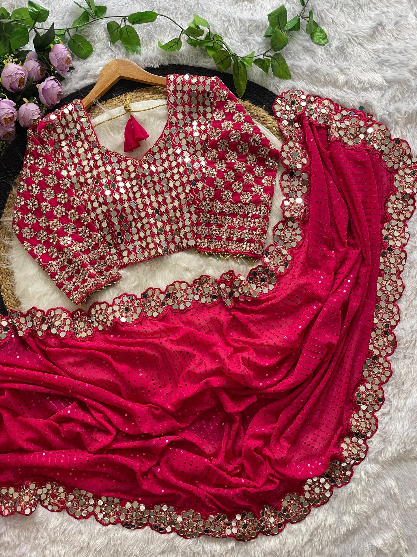 Real Glass Mirror Work Georgette Saree With Stitched Blouse