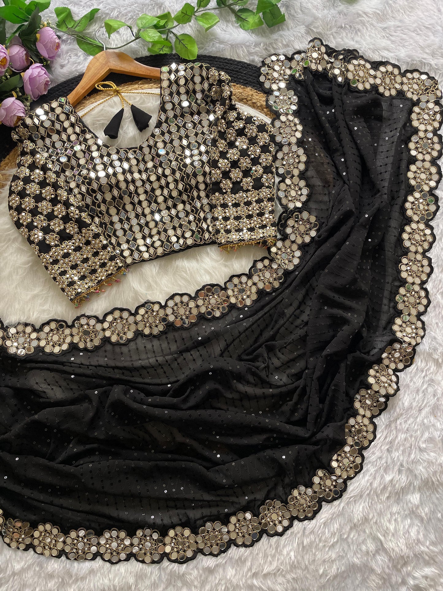 Real Glass Mirror Work Georgette Saree With Stitched Blouse