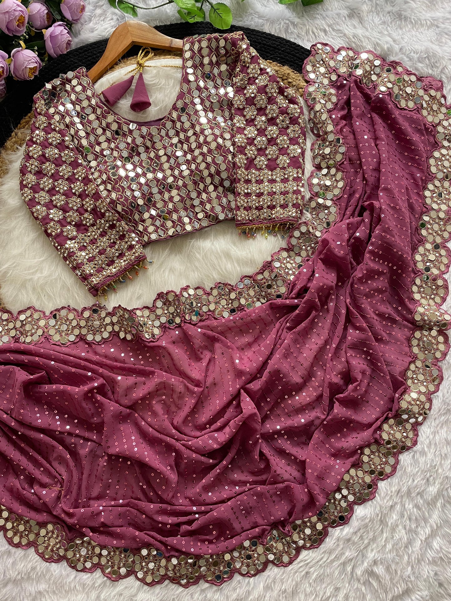 Real Glass Mirror Work Georgette Saree With Stitched Blouse