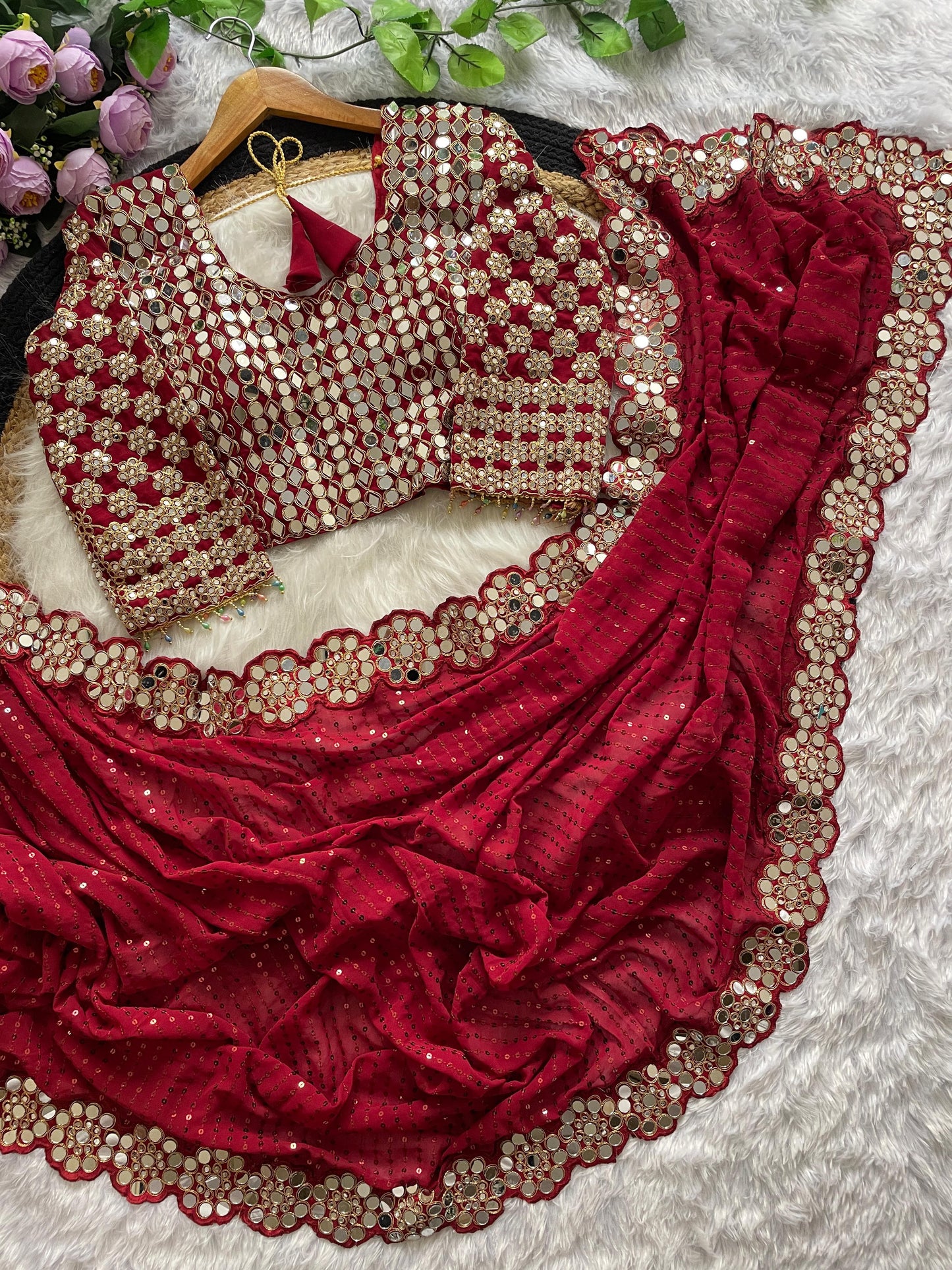 Real Glass Mirror Work Georgette Saree With Stitched Blouse