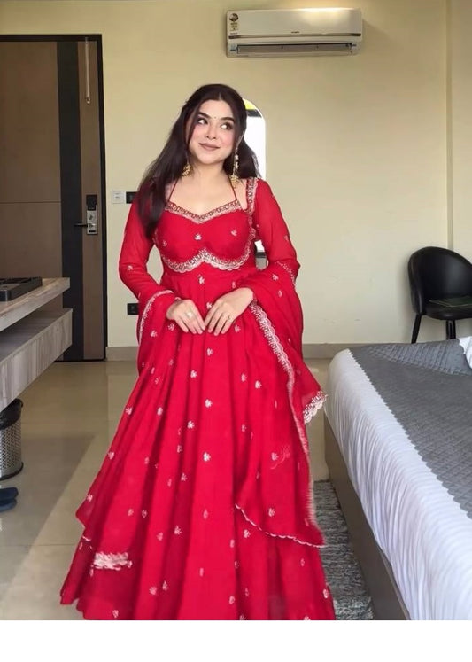 Red Georgette Anarkali Suit Set with 4-Meter Flair Fully Stiched