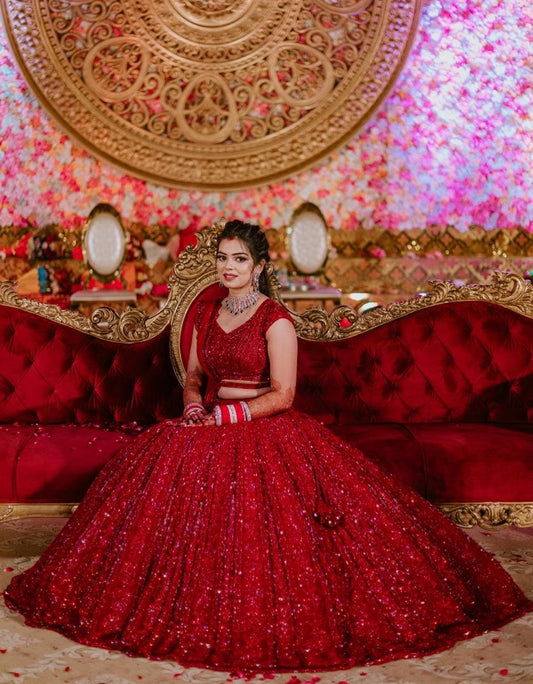 Red Colour Vichitra Silk Embroidery Sequence Design Work Lehenga Choli