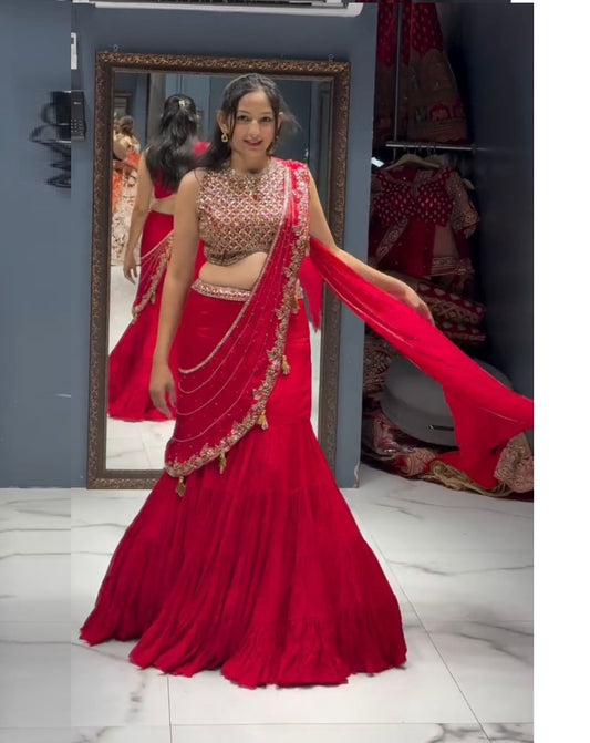 Red Georgette 1 Min. Ready to Wear Lehenga Saree