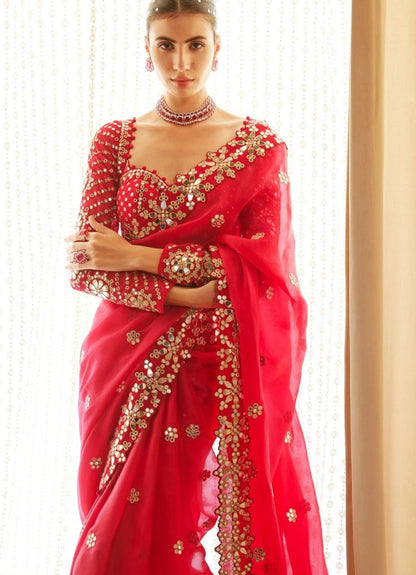 Red Color Real Mirror Work Georgette Saree with Stitched Blouse