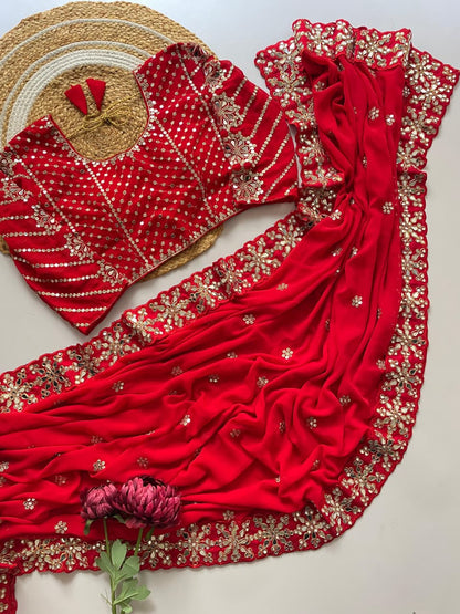 Red Color Real Mirror Work Georgette Saree with Stitched Blouse