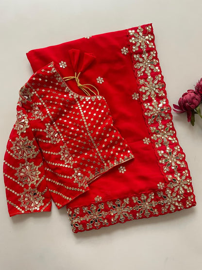 Red Color Real Mirror Work Georgette Saree with Stitched Blouse