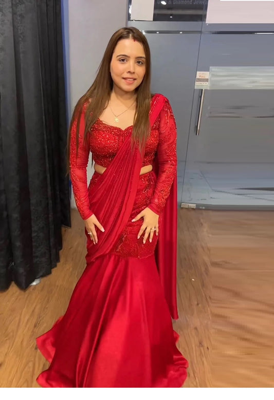 Red Color Satin Silk Embroidered Designer Lehenga Saree