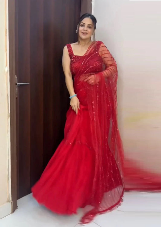 Red Color Ready To Wear Sequence Work Lehengha Saree