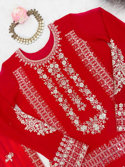 Red Georgette Fully Stitched Plazo Suit Set
