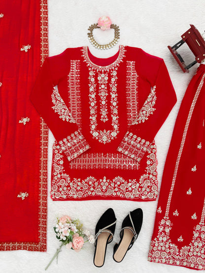 Red Georgette Fully Stitched Plazo Suit Set