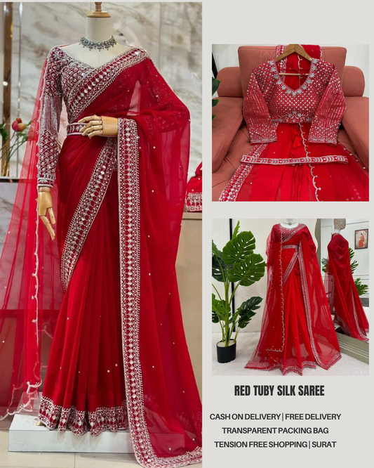 Red Tubby Silk Saree with Intricate Thread and Sequince Embroidery Work