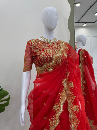 Red Color Heavy Organza Silk Saree Blouse