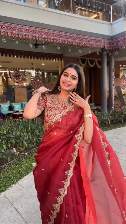 Red Color Heavy Organza Silk Saree Blouse