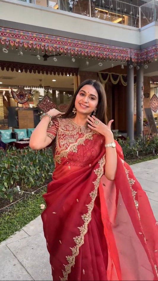 Red Color Heavy Organza Silk Saree Blouse