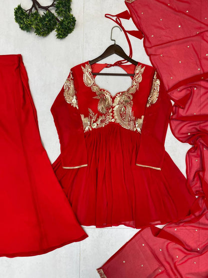 Red Color Georgette Ready To Wear Top Plazzo Suit
